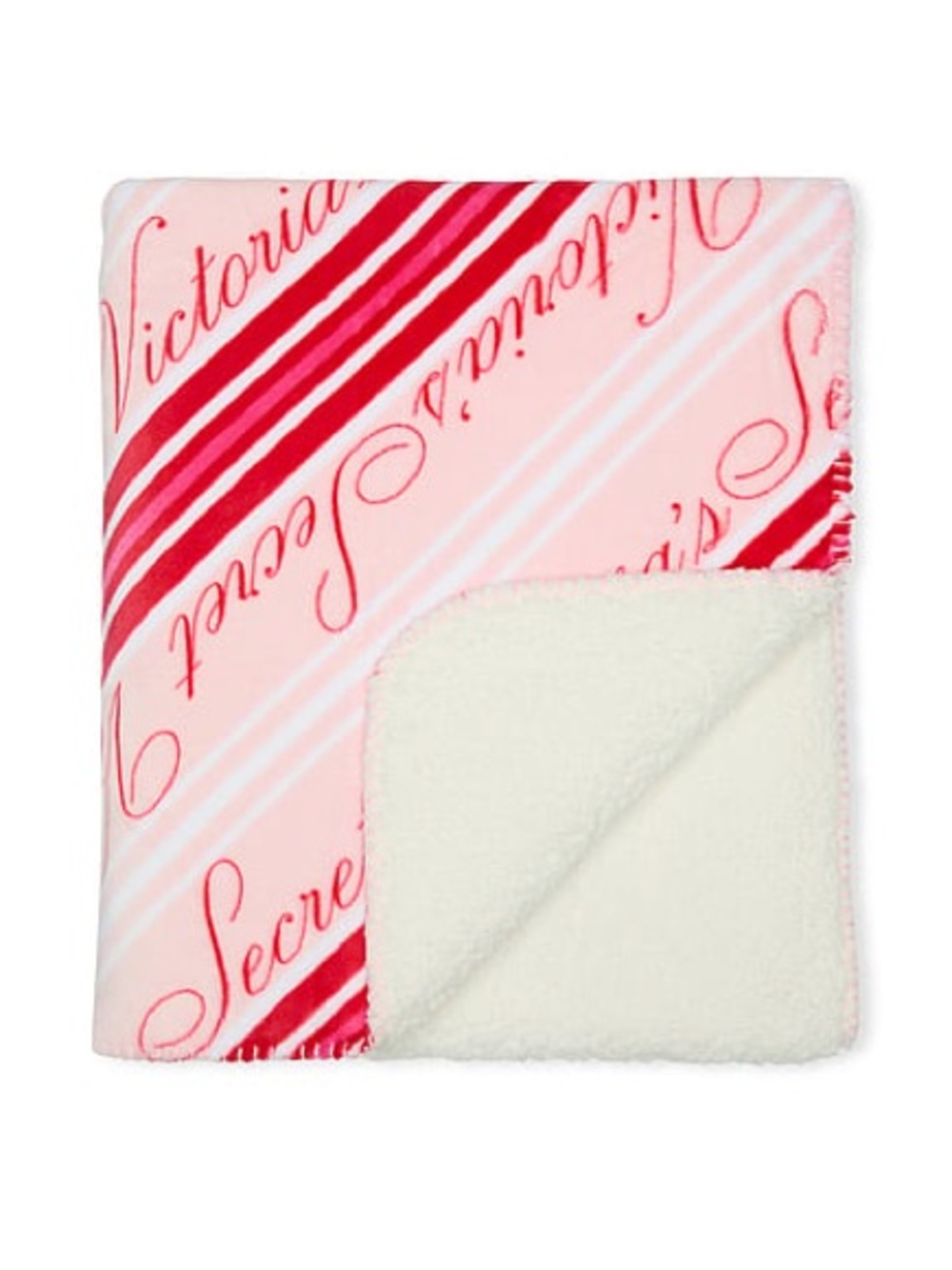 Victoria's Secret Script Pink & Red Stripe Cozy Sherpa Throw Blanket